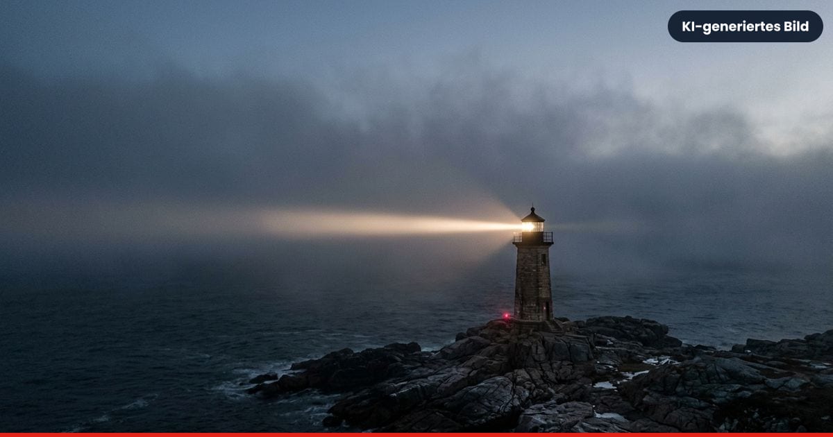 Ein Leuchtturm sendet sein Licht durch dichten Nebel über dem Meer
