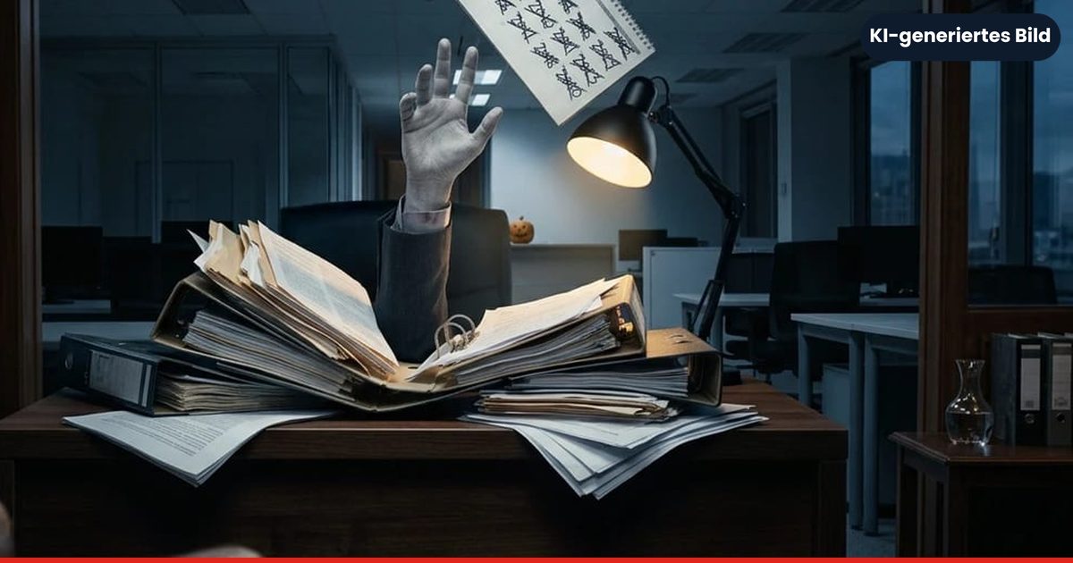 Eine graue Zombiehand ragt aus einem Berg Aktenordner und Papier auf einem Schreibtisch in einem nächtlichen Büro