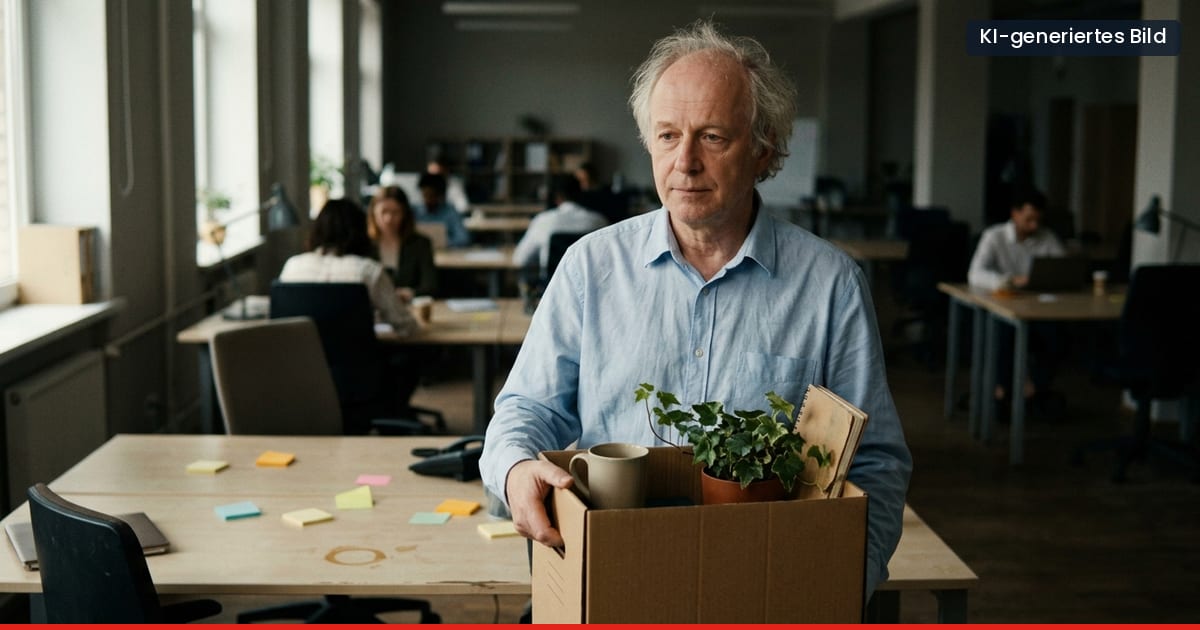 Erfahrener Mitarbeiter verlässt das Büro mit einem Karton – sein Wissen geht mit ihm